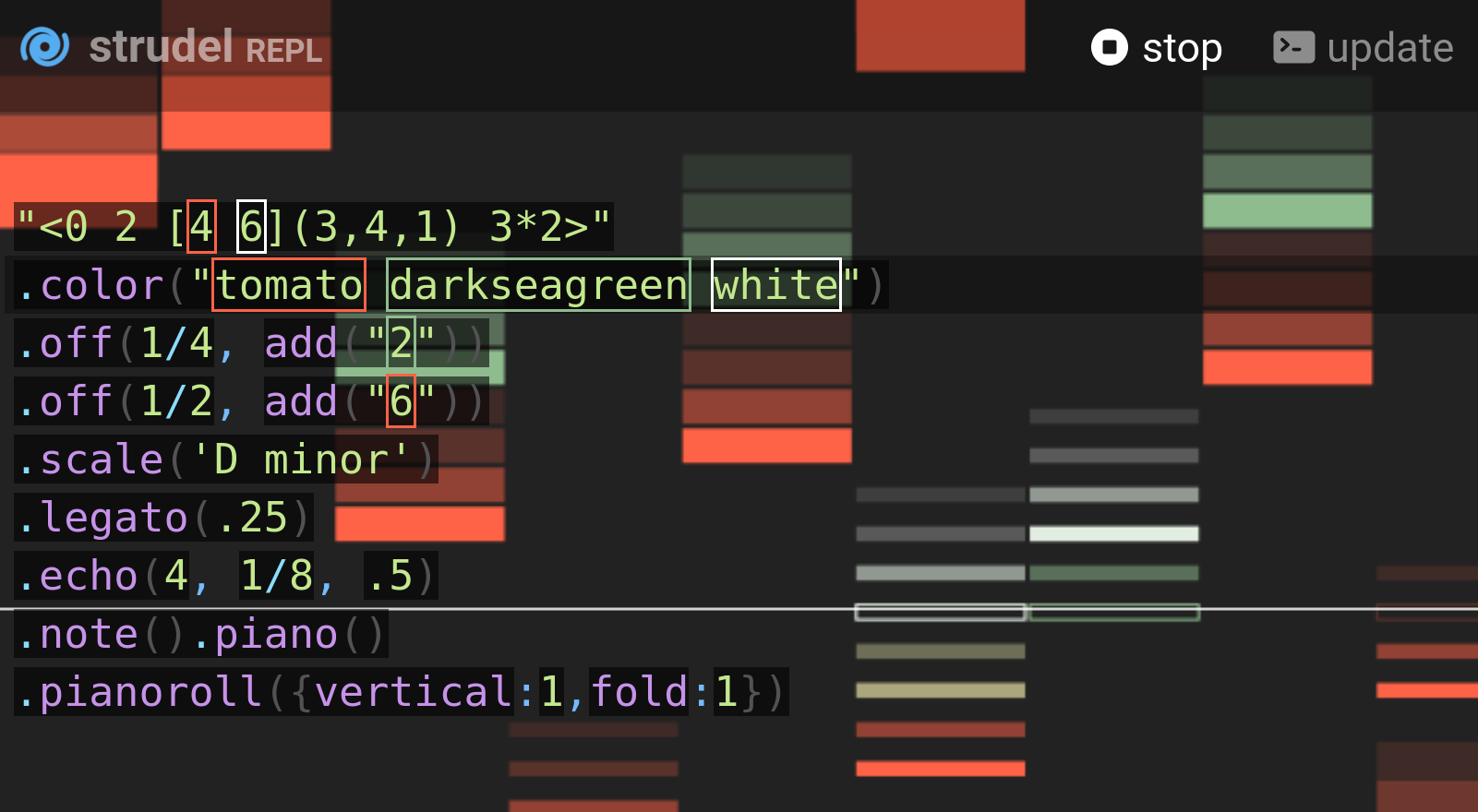 Screenshot of the Strudel 'REPL' live coding editor, including piano-roll visualisation.