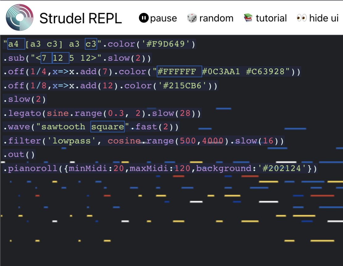 Screenshot of the Strudel editor, including piano-roll
visualisation.